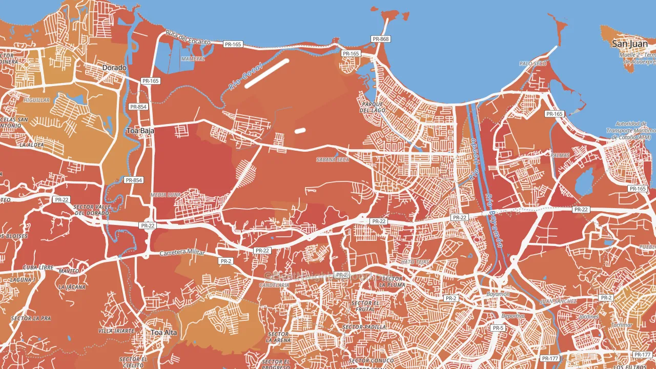 Map of the best neighborhoods in the Toa Baja Municipio area, with better matches in green and worse matches in red
