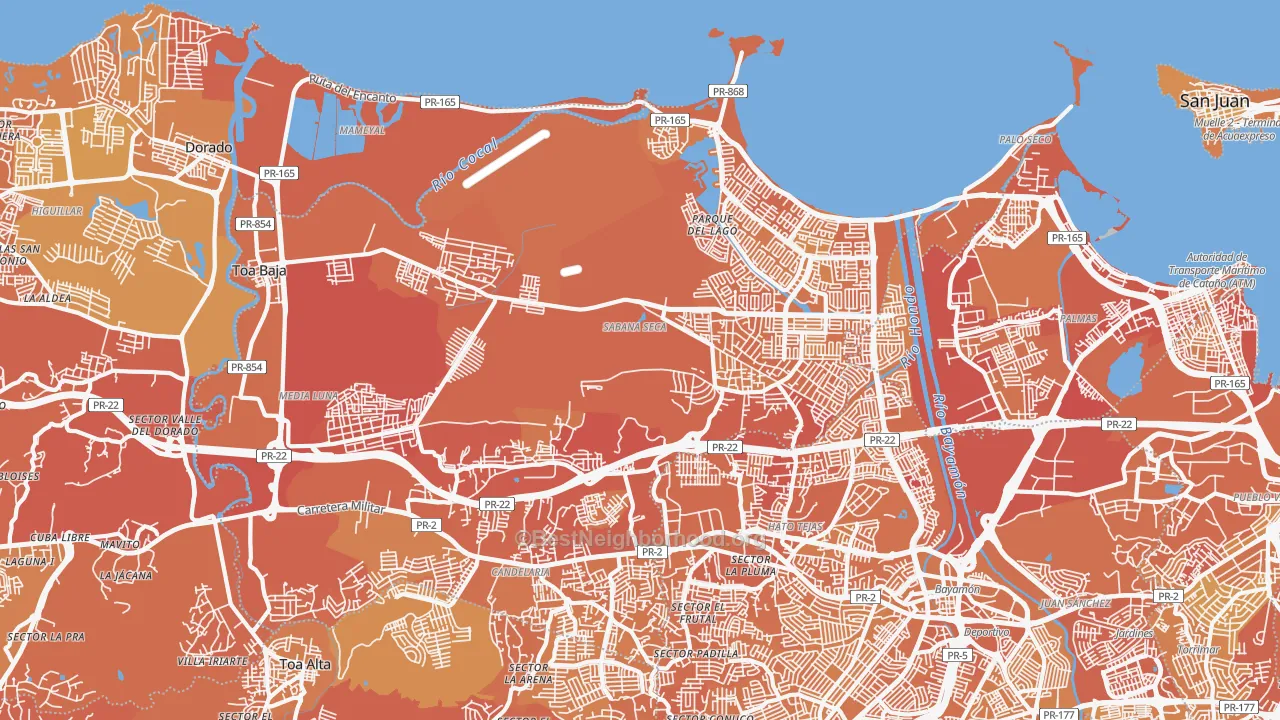 Map of the best neighborhoods in the Toa Baja area, with better matches in green and worse matches in red