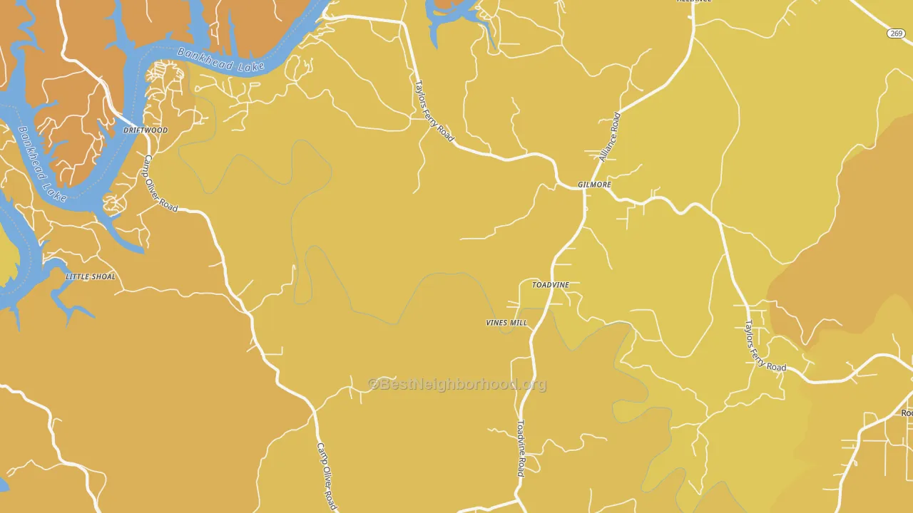 Map of the best neighborhoods in the Toadvine area, with better matches in green and worse matches in red