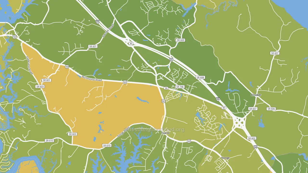 Map of the best neighborhoods in the Toano area, with better matches in green and worse matches in red