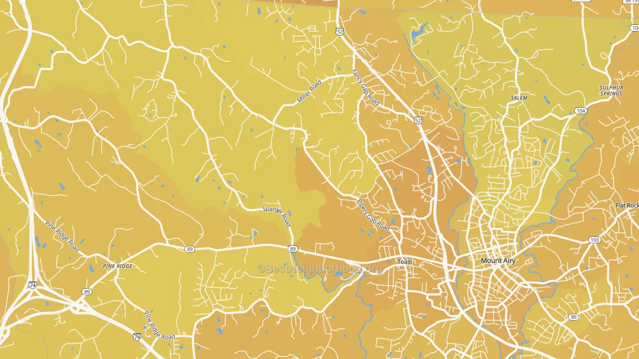 Map of the best neighborhoods in the Toast area, with better matches in green and worse matches in red