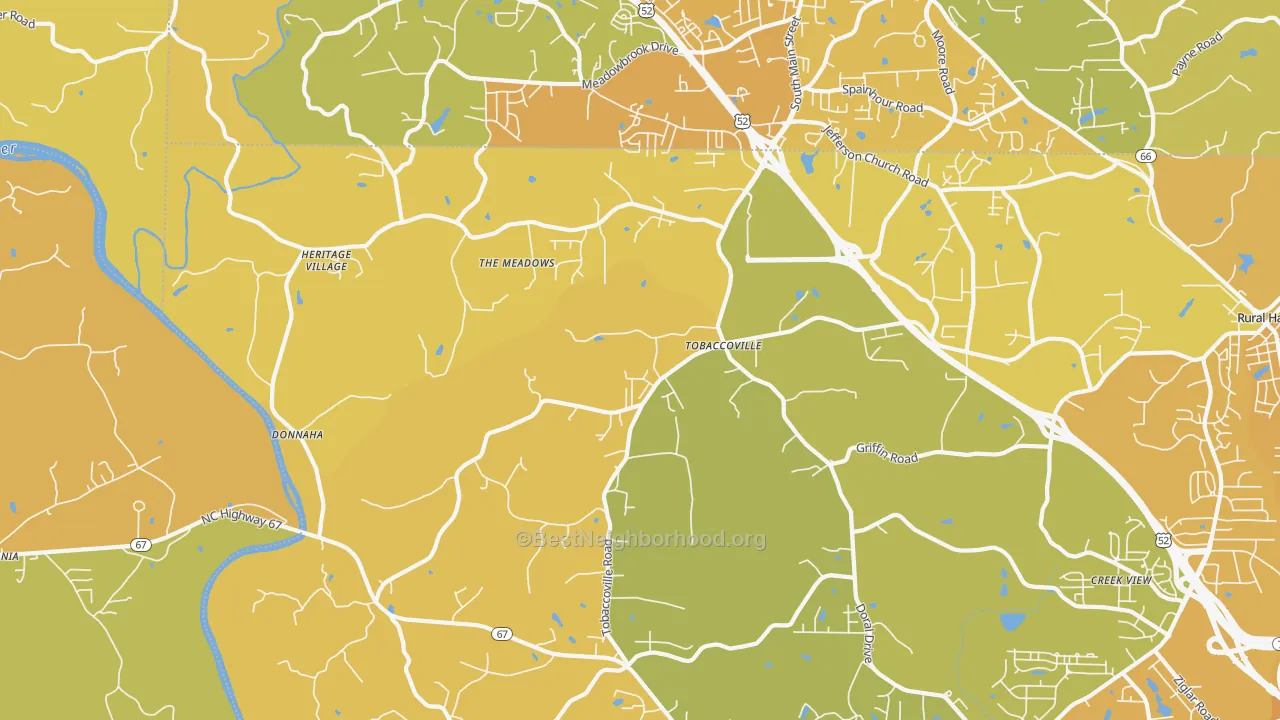 Map of the best neighborhoods in the Tobaccoville area, with better matches in green and worse matches in red