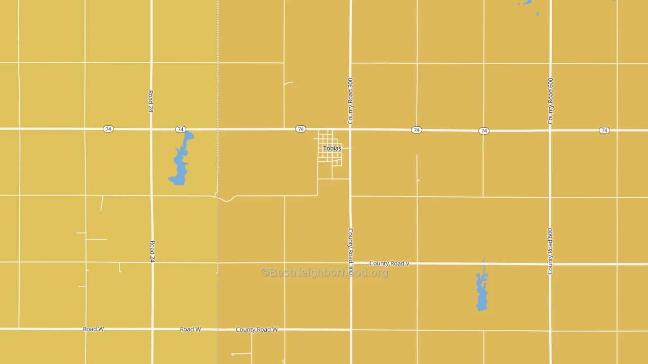 Map of the best neighborhoods in the Tobias area, with better matches in green and worse matches in red
