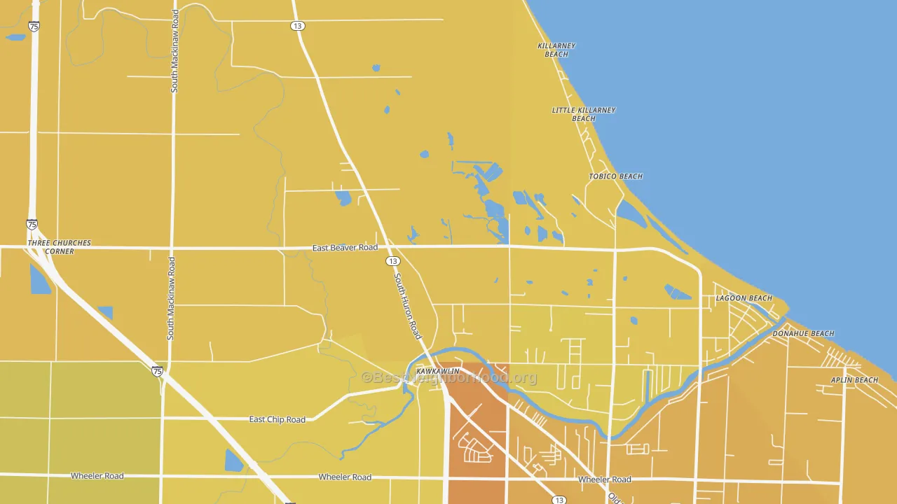 Map of the best neighborhoods in the Tobico Beach area, with better matches in green and worse matches in red