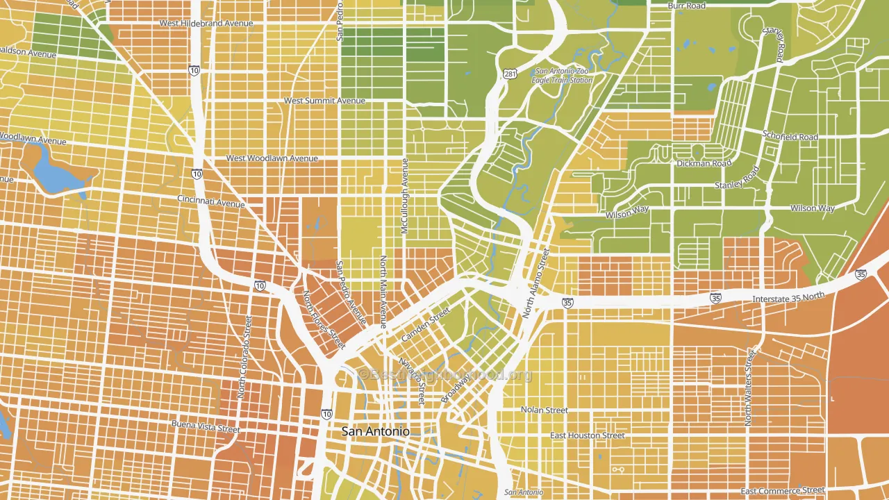 Map of the best neighborhoods in the Tobin Hill, San Antonio area, with better matches in green and worse matches in red