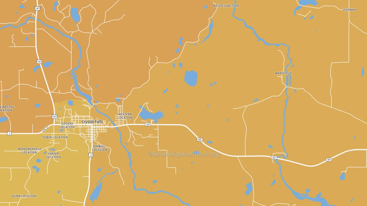 Map of the best neighborhoods in the Tobin Location area, with better matches in green and worse matches in red