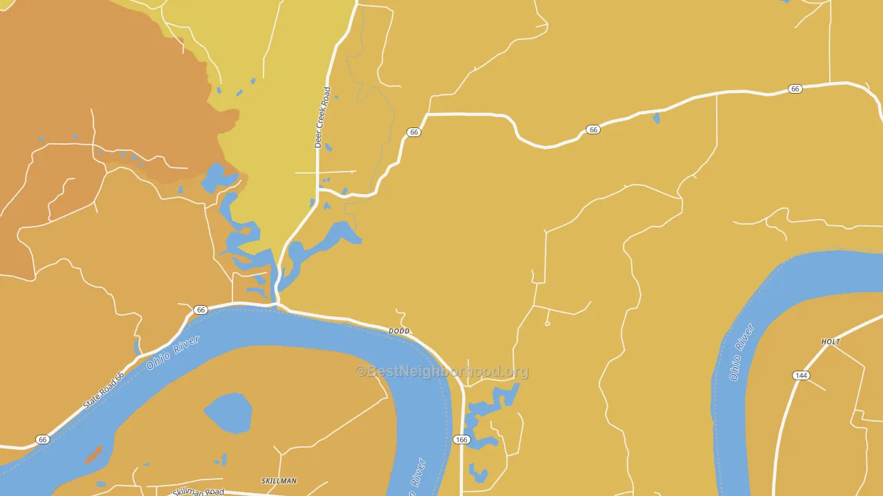 Map of the best neighborhoods in the Tobinsport area, with better matches in green and worse matches in red