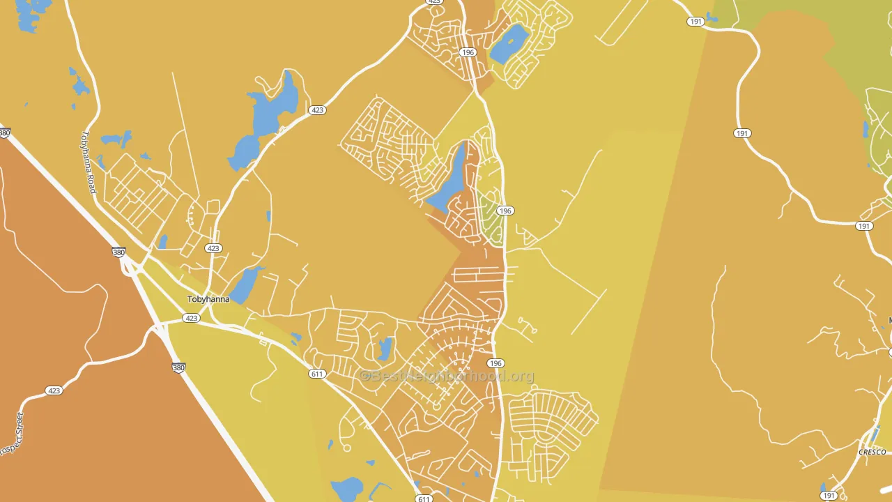 Map of the best neighborhoods in the Tobyhanna area, with better matches in green and worse matches in red