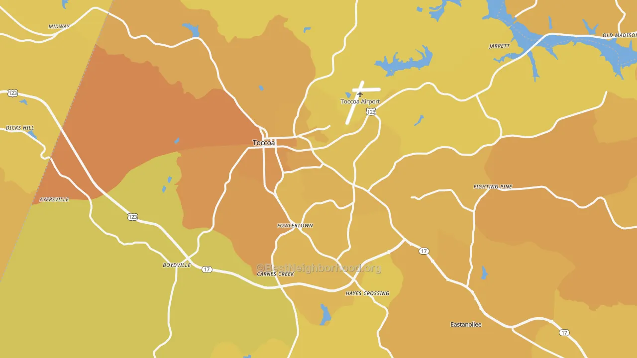 Map of the best neighborhoods in the Toccoa area, with better matches in green and worse matches in red