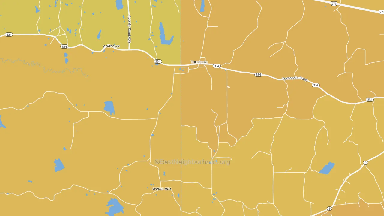Map of the best neighborhoods in the Toccopola area, with better matches in green and worse matches in red