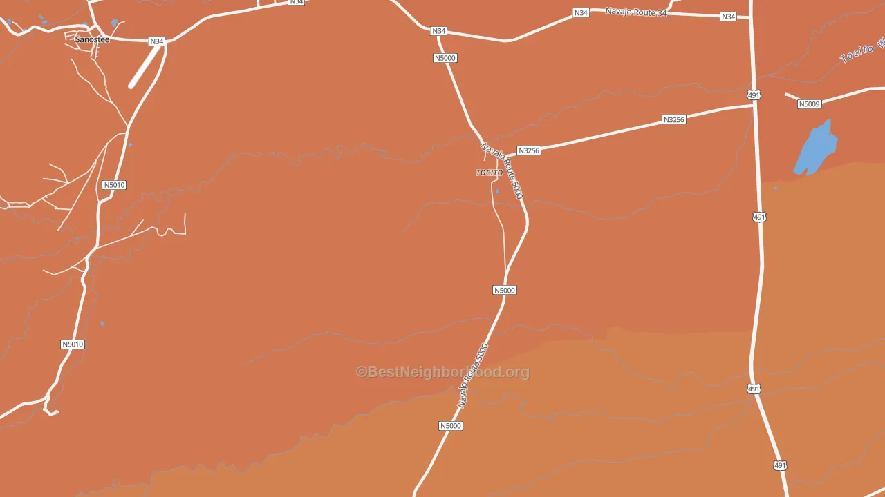 Map of the best neighborhoods in the Tocito area, with better matches in green and worse matches in red
