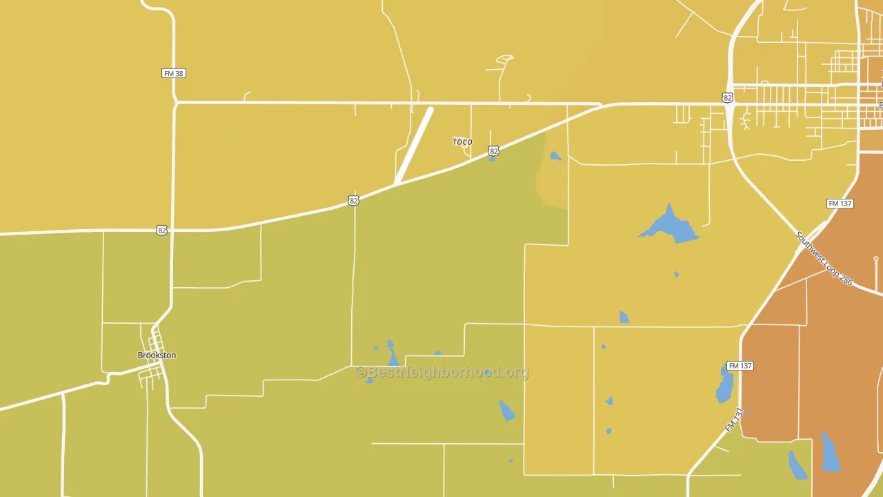 Map of the best neighborhoods in the Toco area, with better matches in green and worse matches in red