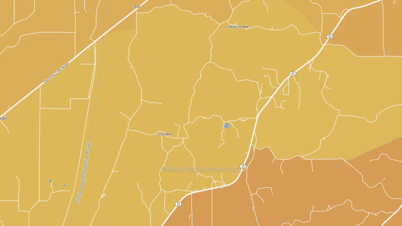 Map of the best neighborhoods in the Tocowa area, with better matches in green and worse matches in red