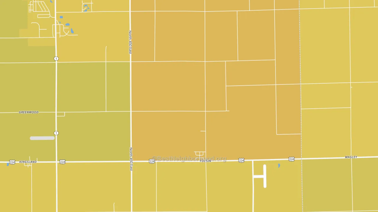 Map of the best neighborhoods in the Tocsin area, with better matches in green and worse matches in red
