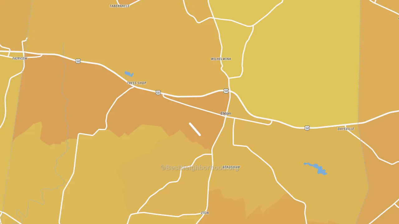Map of the best neighborhoods in the Todd County area, with better matches in green and worse matches in red