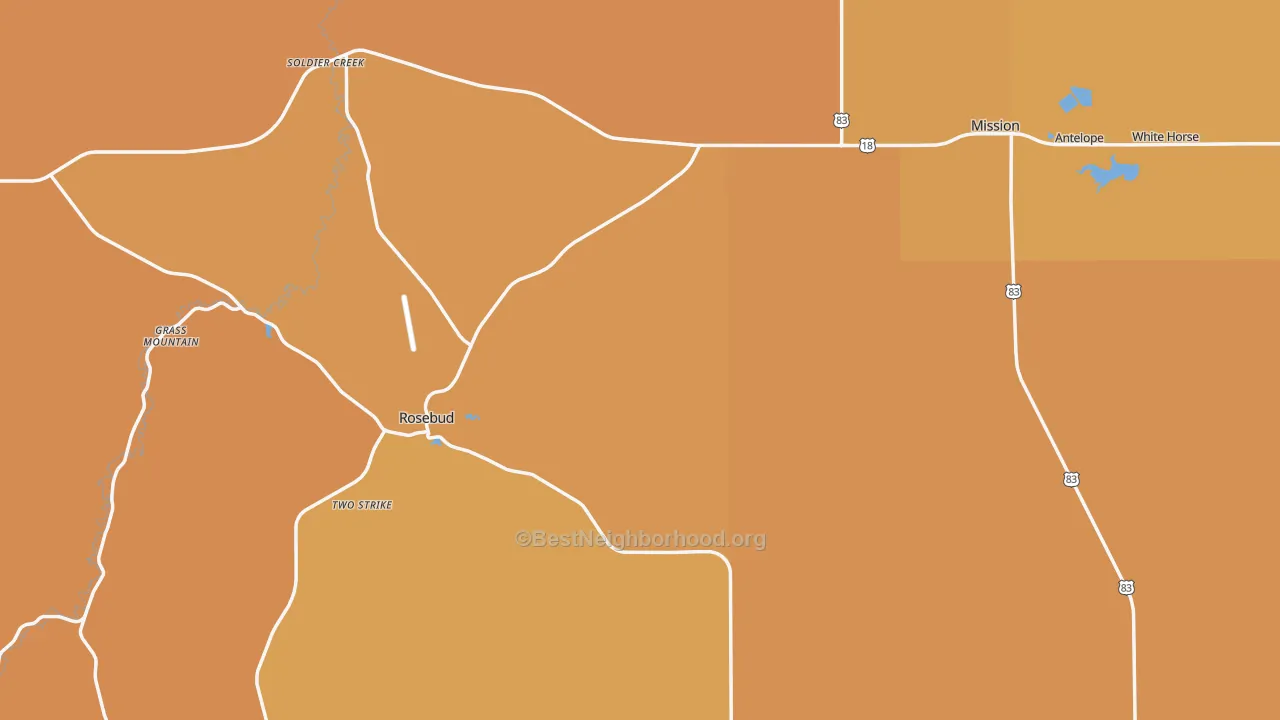Map of the best neighborhoods in the Todd County area, with better matches in green and worse matches in red