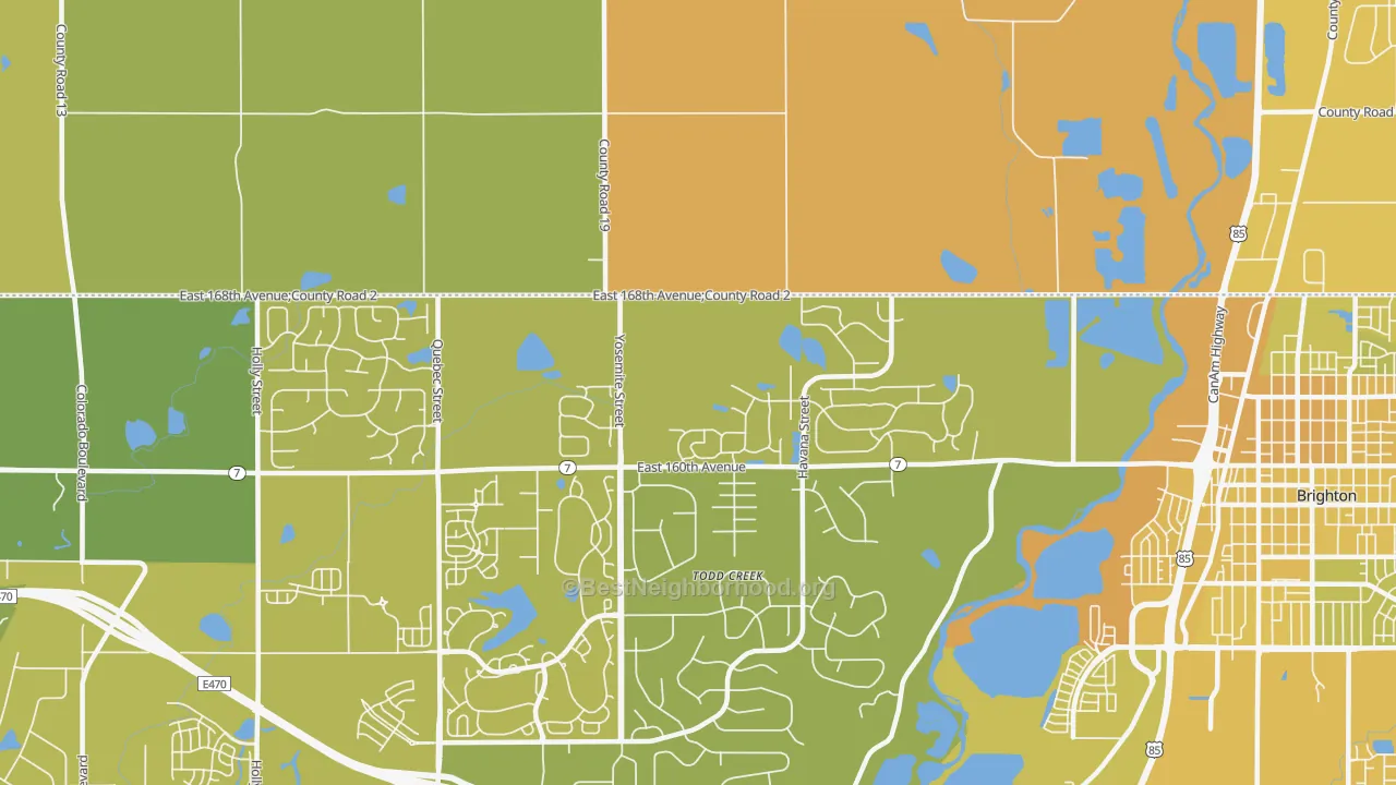 Map of the best neighborhoods in the Todd Creek area, with better matches in green and worse matches in red