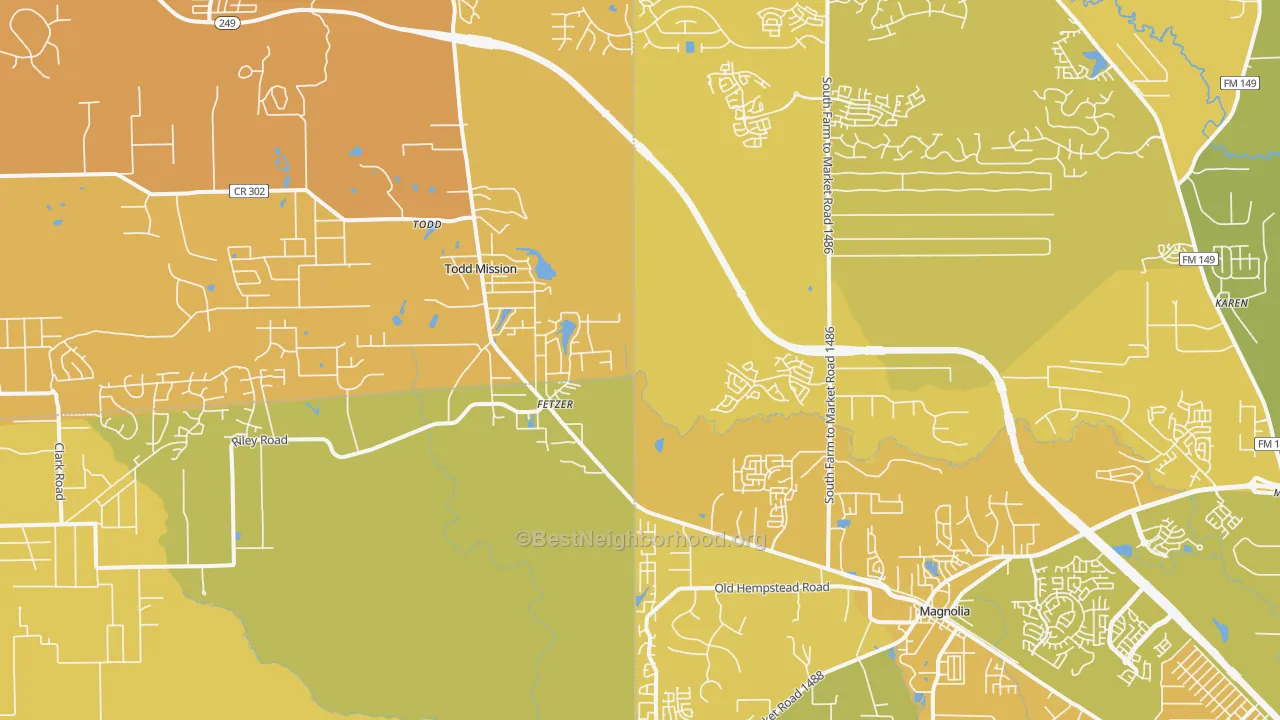 Map of the best neighborhoods in the Todd Mission area, with better matches in green and worse matches in red