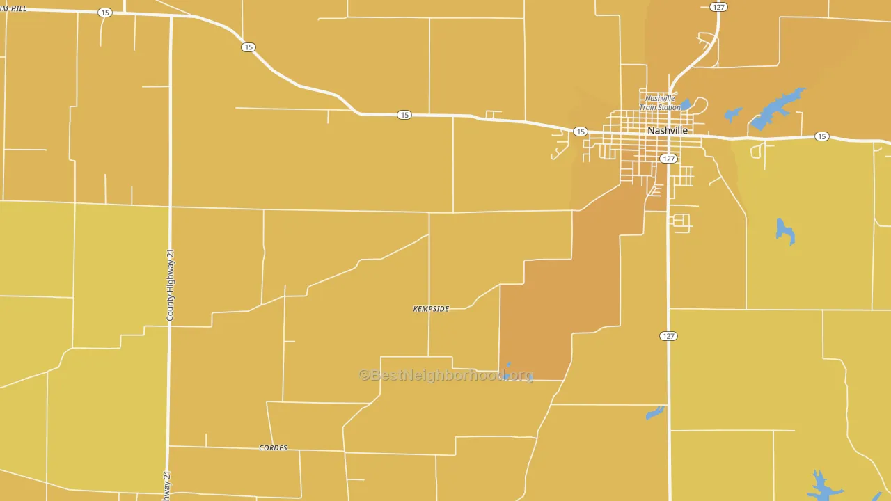 Map of the best neighborhoods in the Todds Mill area, with better matches in green and worse matches in red