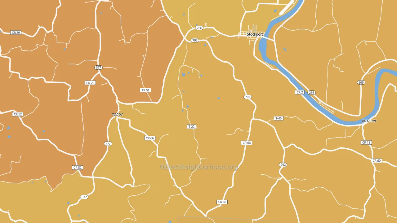 Map of the best neighborhoods in the Todds area, with better matches in green and worse matches in red