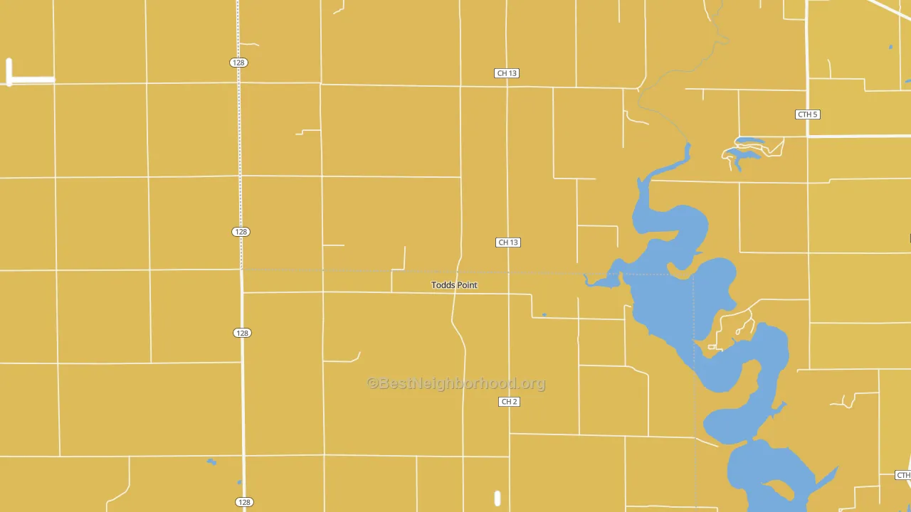Map of the best neighborhoods in the Todds Point area, with better matches in green and worse matches in red