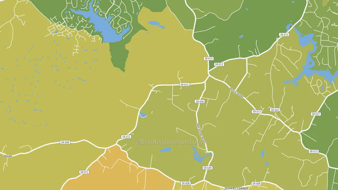 Map of the best neighborhoods in the Todds Tavern area, with better matches in green and worse matches in red