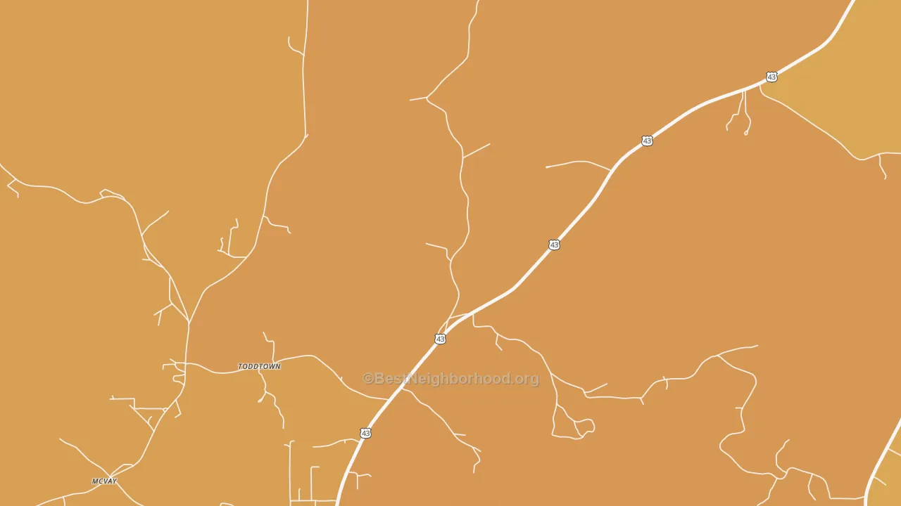 Map of the best neighborhoods in the Toddtown area, with better matches in green and worse matches in red