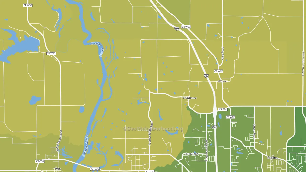 Map of the best neighborhoods in the Toddville area, with better matches in green and worse matches in red