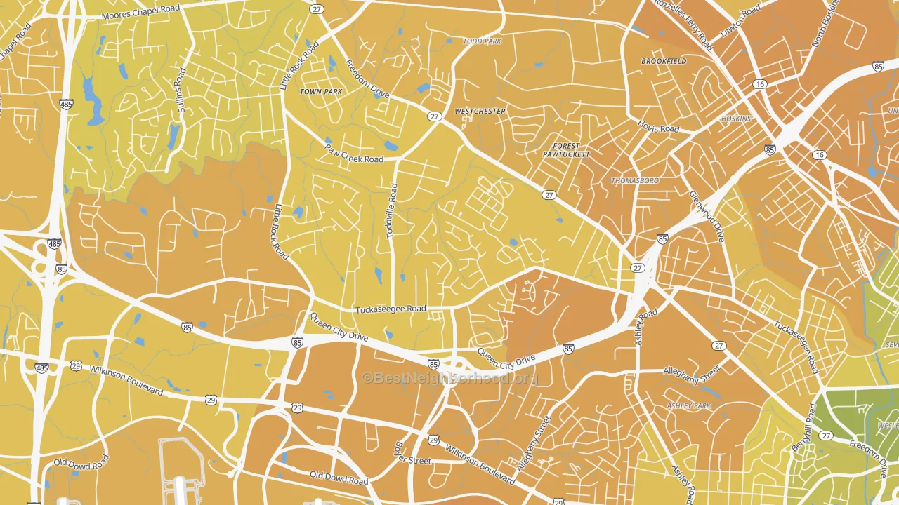 Map of the best neighborhoods in the Toddville Road, Charlotte area, with better matches in green and worse matches in red