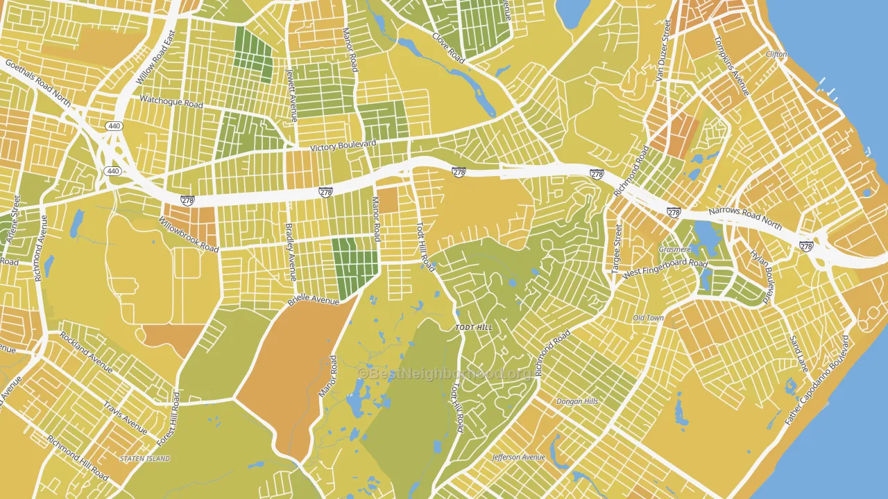Map of the best neighborhoods in the Todt Hill, Staten Island area, with better matches in green and worse matches in red