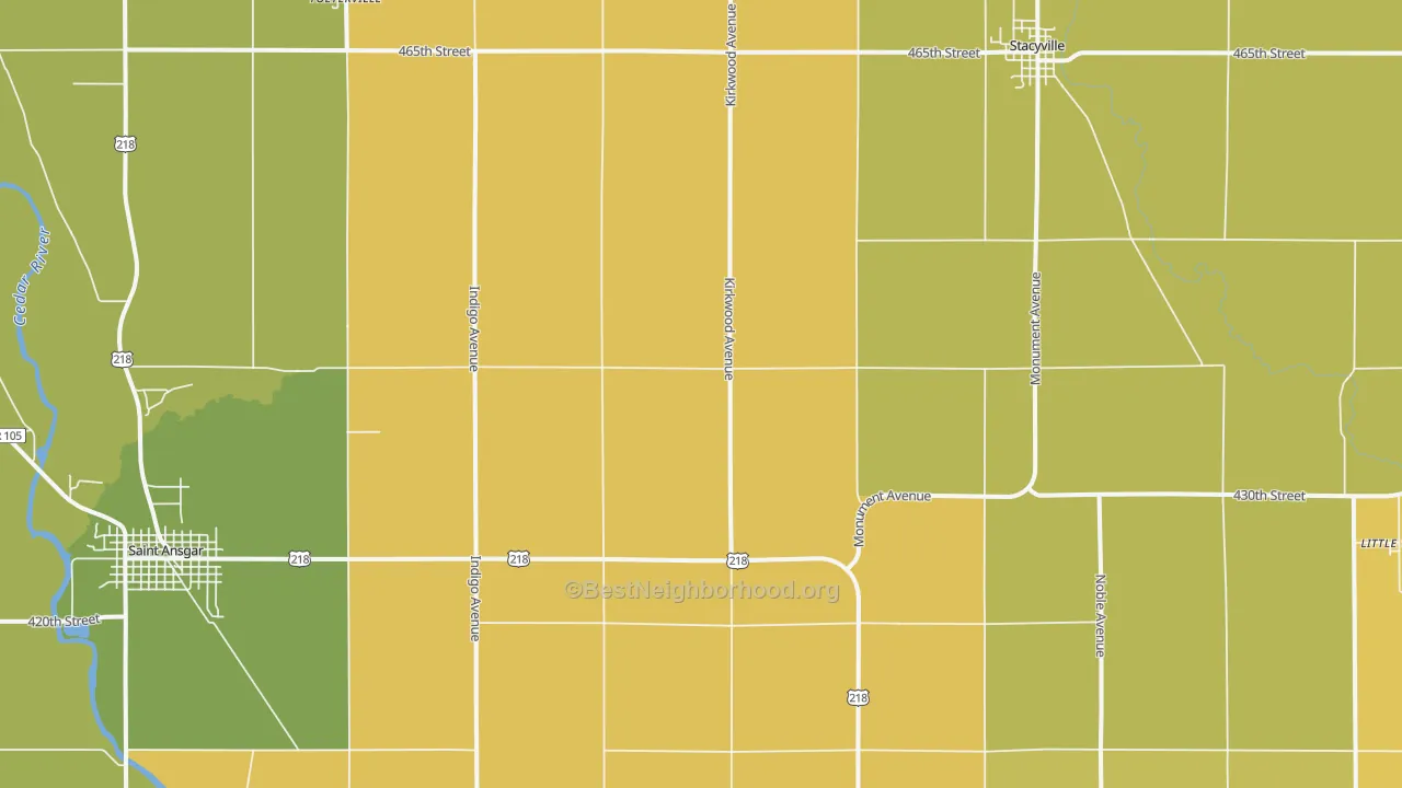 Map of the best neighborhoods in the Toeterville area, with better matches in green and worse matches in red