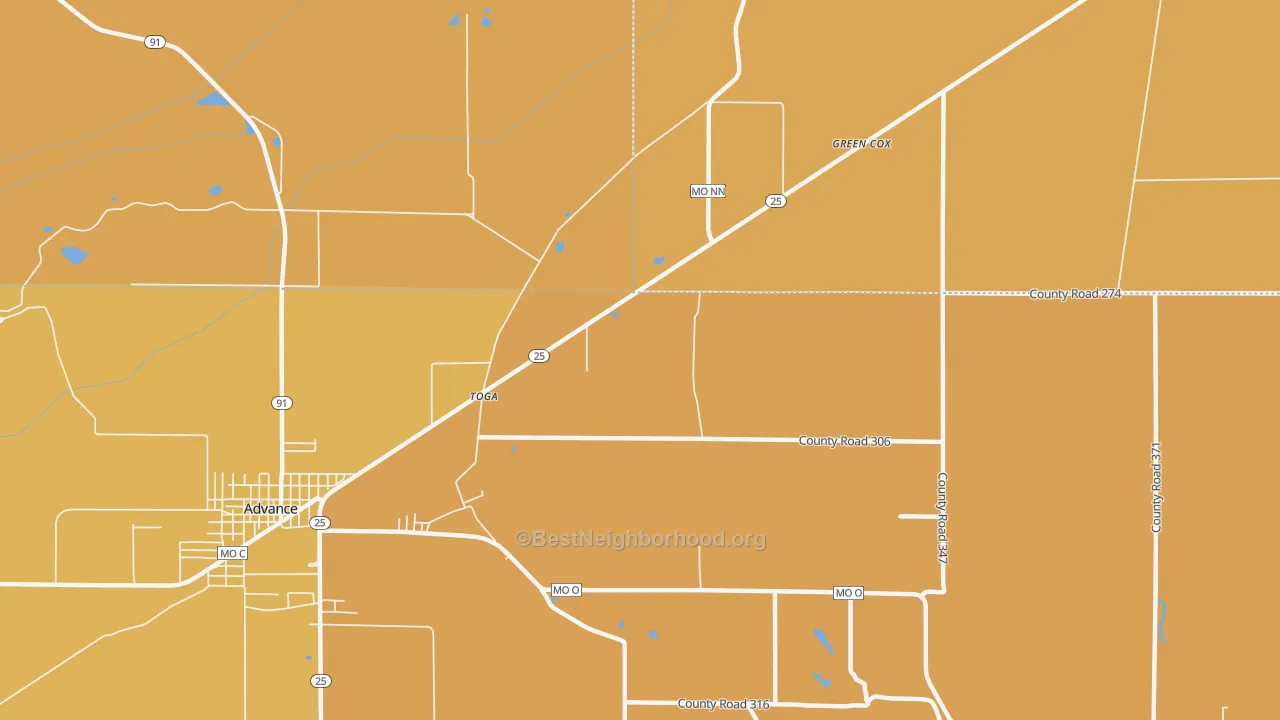 Map of the best neighborhoods in the Toga area, with better matches in green and worse matches in red
