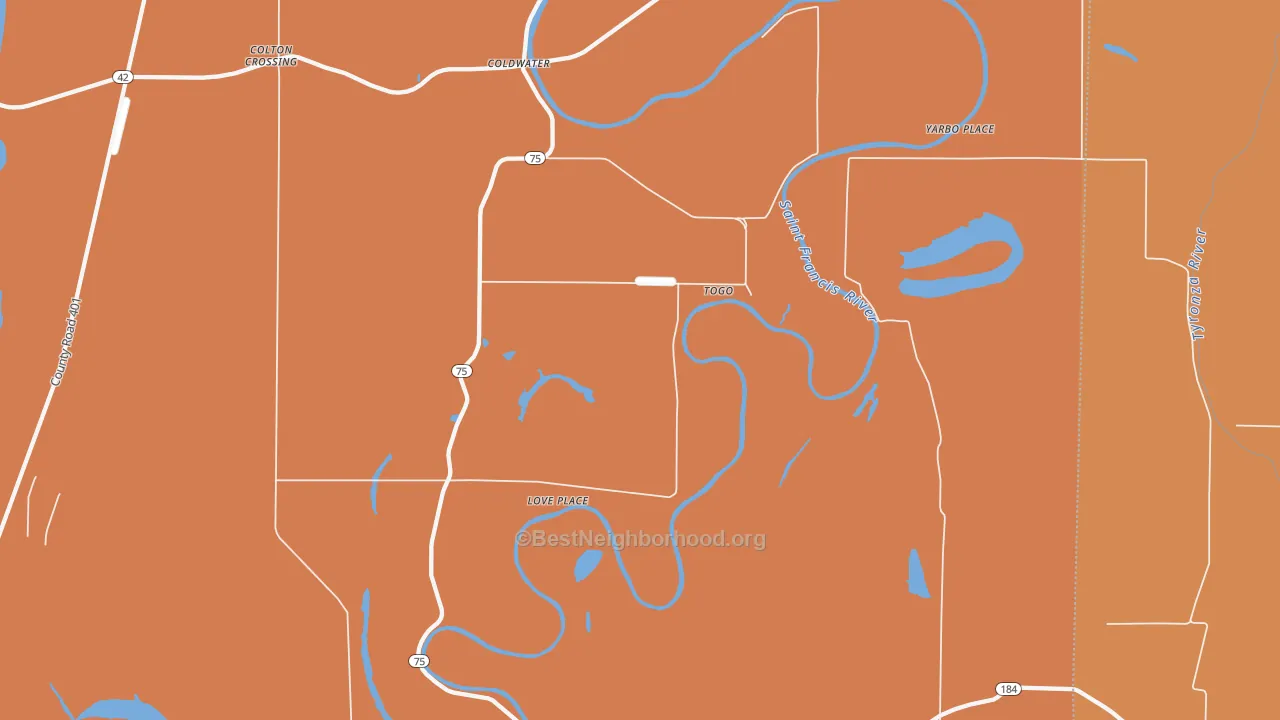 Map of the best neighborhoods in the Togo area, with better matches in green and worse matches in red