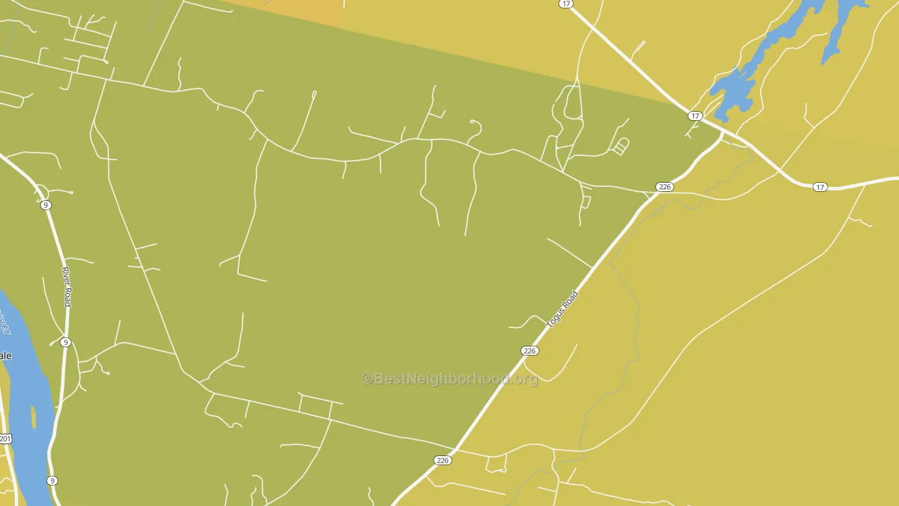 Map of the best neighborhoods in the Togus area, with better matches in green and worse matches in red