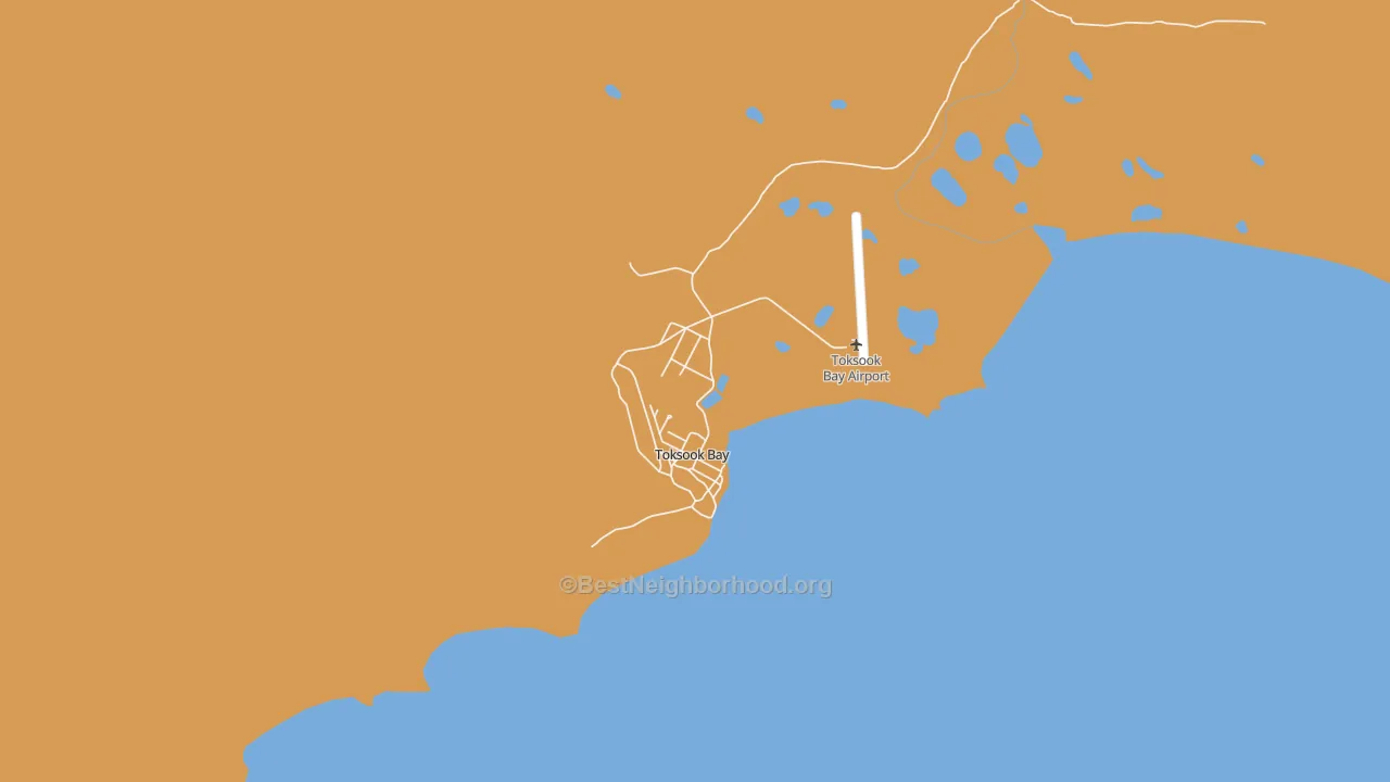 Map of the best neighborhoods in the Toksook Bay area, with better matches in green and worse matches in red