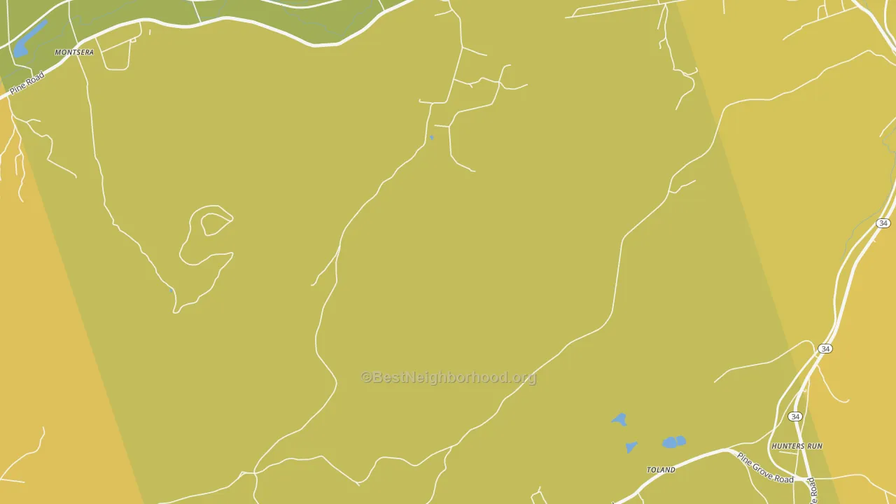 Map of the best neighborhoods in the Toland area, with better matches in green and worse matches in red