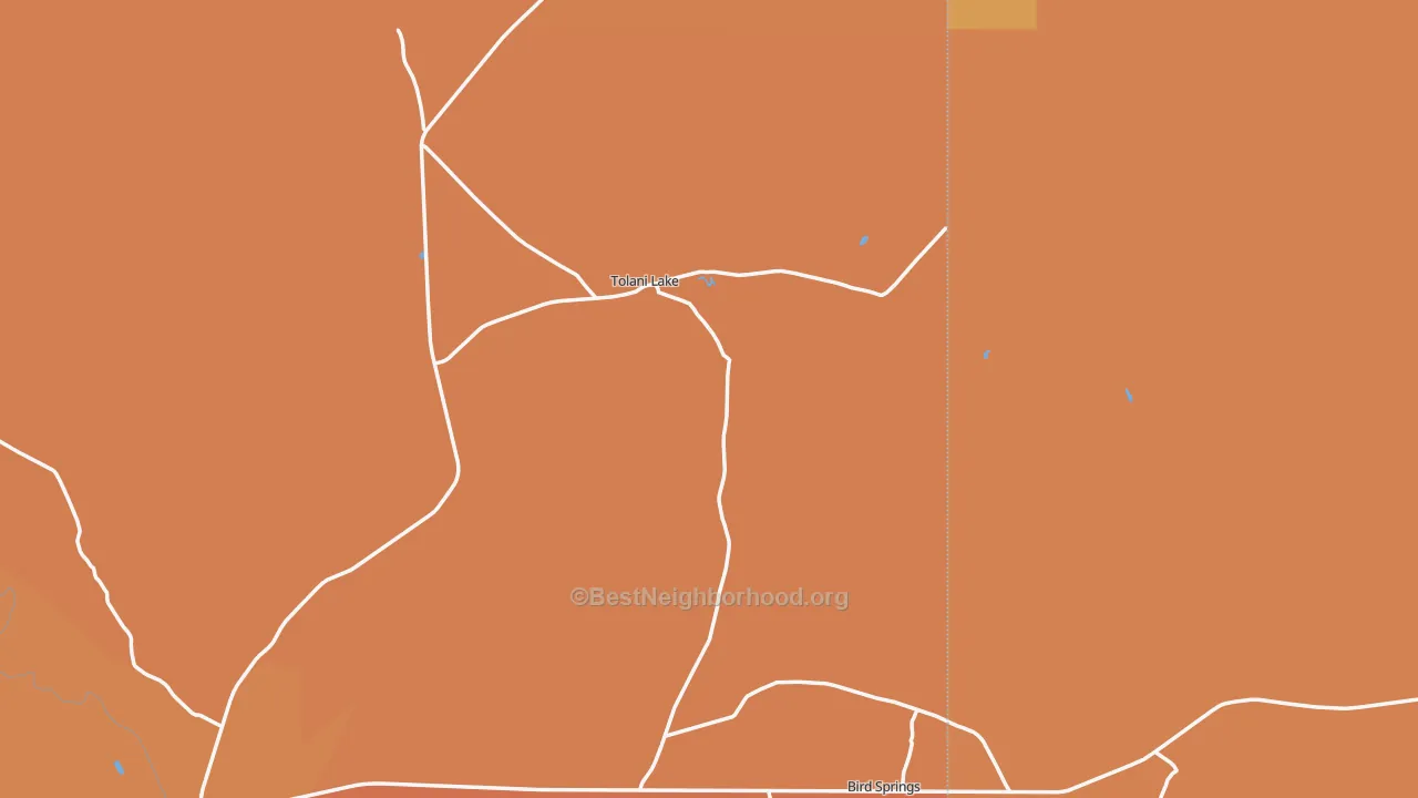 Map of the best neighborhoods in the Tolani Lake area, with better matches in green and worse matches in red