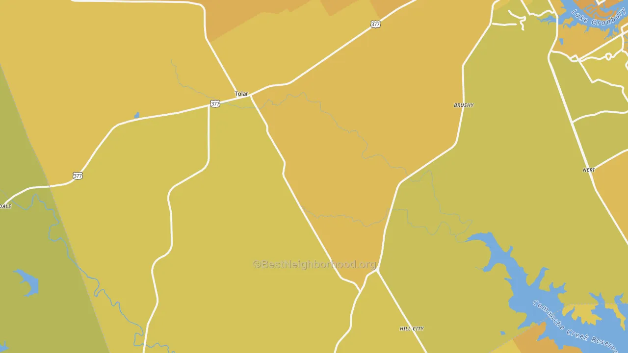 Map of the best neighborhoods in the Tolar area, with better matches in green and worse matches in red