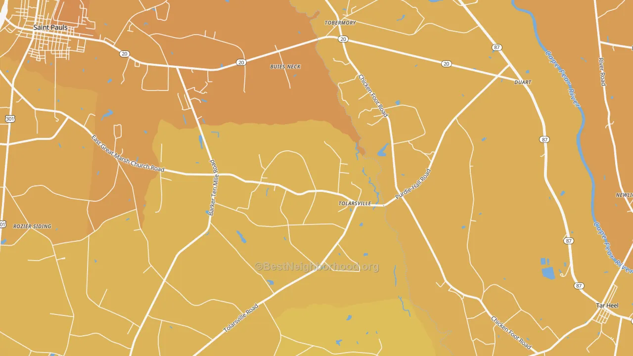 Map of the best neighborhoods in the Tolarsville area, with better matches in green and worse matches in red