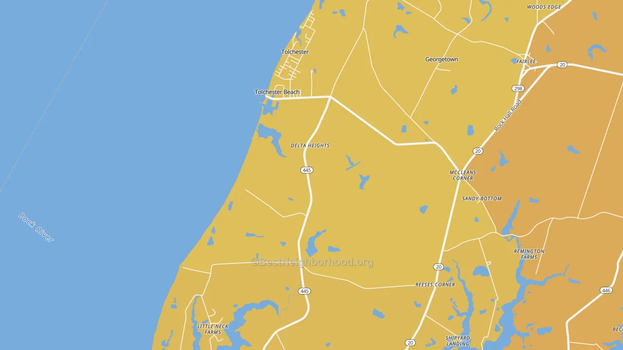 Map of the best neighborhoods in the Tolchester Beach area, with better matches in green and worse matches in red
