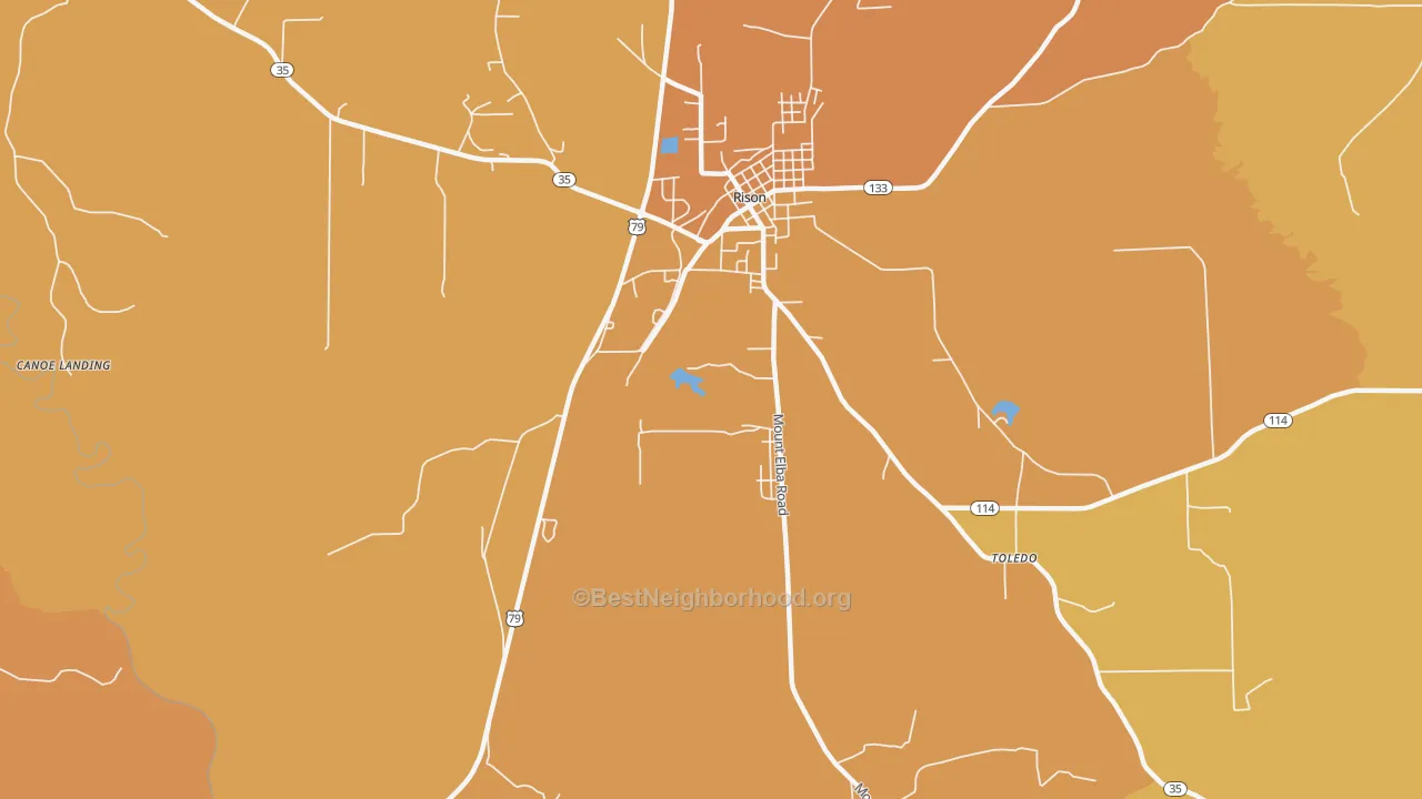 Map of the best neighborhoods in the Toledo area, with better matches in green and worse matches in red