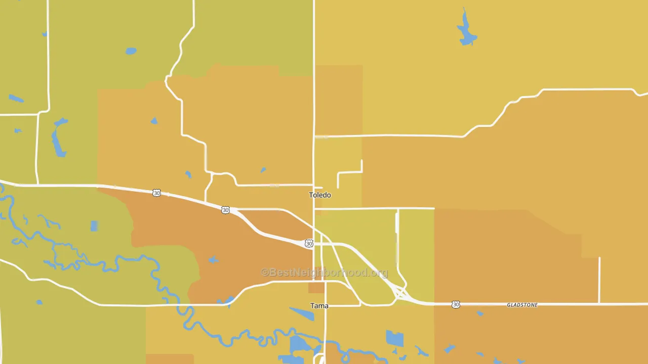 Map of the best neighborhoods in the Toledo area, with better matches in green and worse matches in red