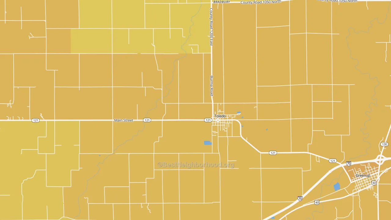 Map of the best neighborhoods in the Toledo area, with better matches in green and worse matches in red
