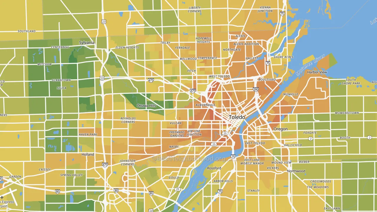 Map of the best neighborhoods in the Toledo Metro area, with better matches in green and worse matches in red