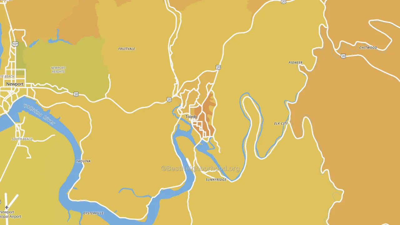 Map of the best neighborhoods in the Toledo area, with better matches in green and worse matches in red