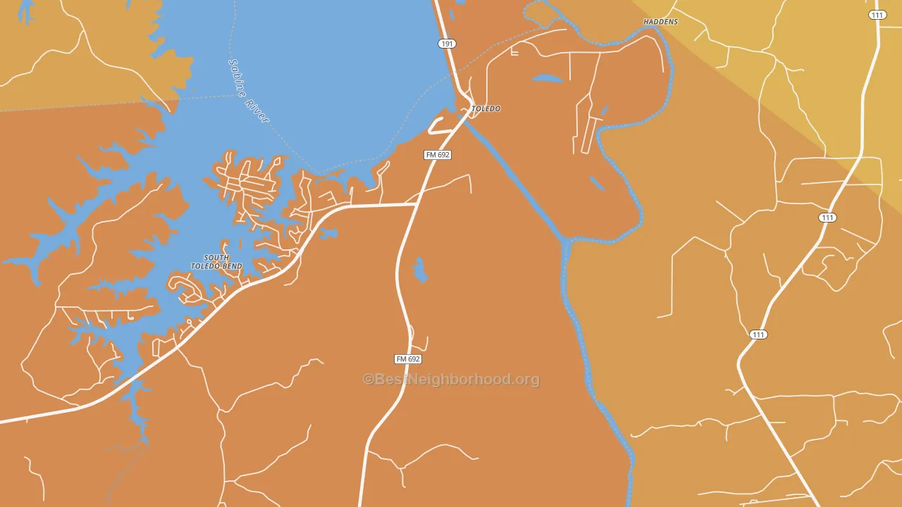 Map of the best neighborhoods in the Toledo area, with better matches in green and worse matches in red
