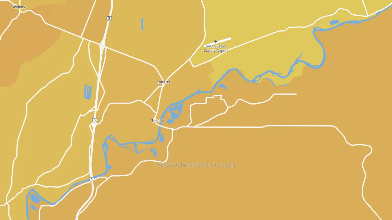 Map of the best neighborhoods in the Toledo area, with better matches in green and worse matches in red