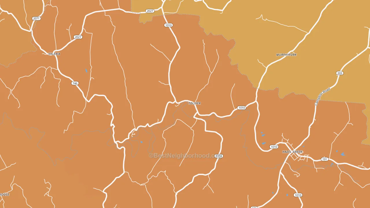 Map of the best neighborhoods in the Toliver area, with better matches in green and worse matches in red