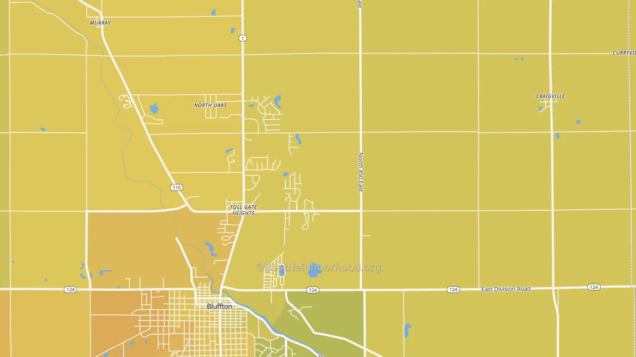 Map of the best neighborhoods in the Toll Gate Heights area, with better matches in green and worse matches in red
