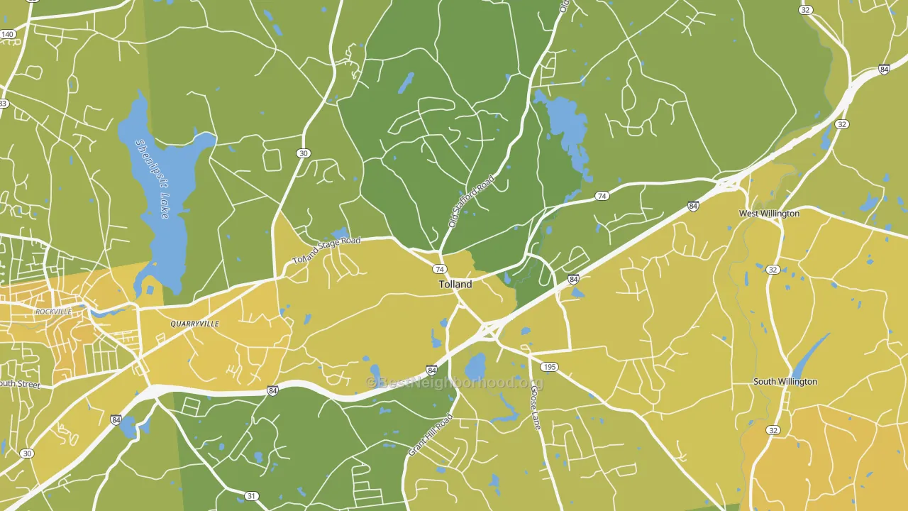 Map of the best neighborhoods in the Tolland area, with better matches in green and worse matches in red